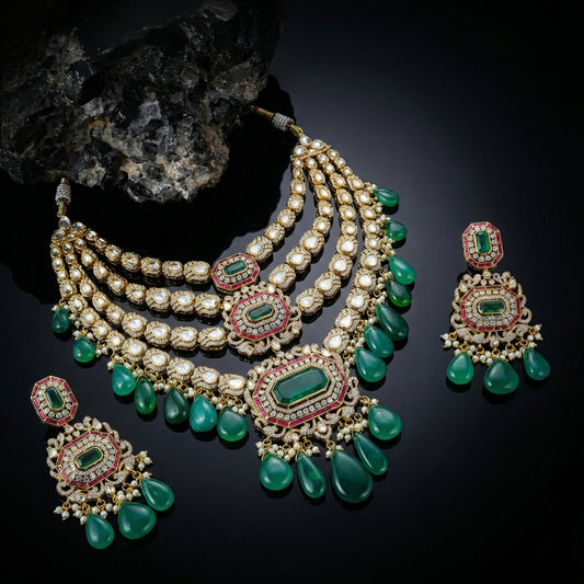 Triple Strand Emerald Ruby Polki Bridal Set