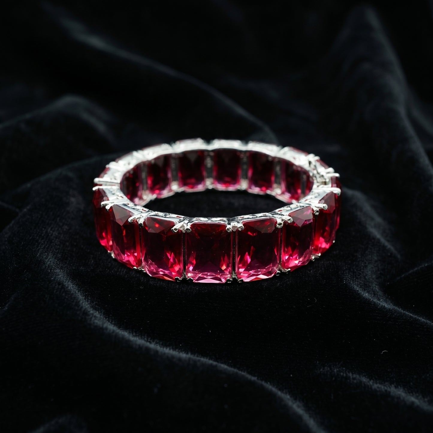 Full Eternity Ruby Emerald Cut Silver Bracelet