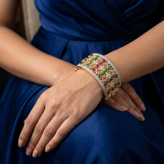 Sapphire Emerald Ruby Diamond Wide Gold Cuff
