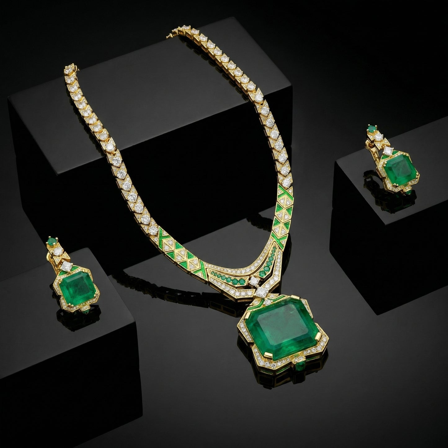 Colombian Emerald Deco Solitaire Jewellery Set