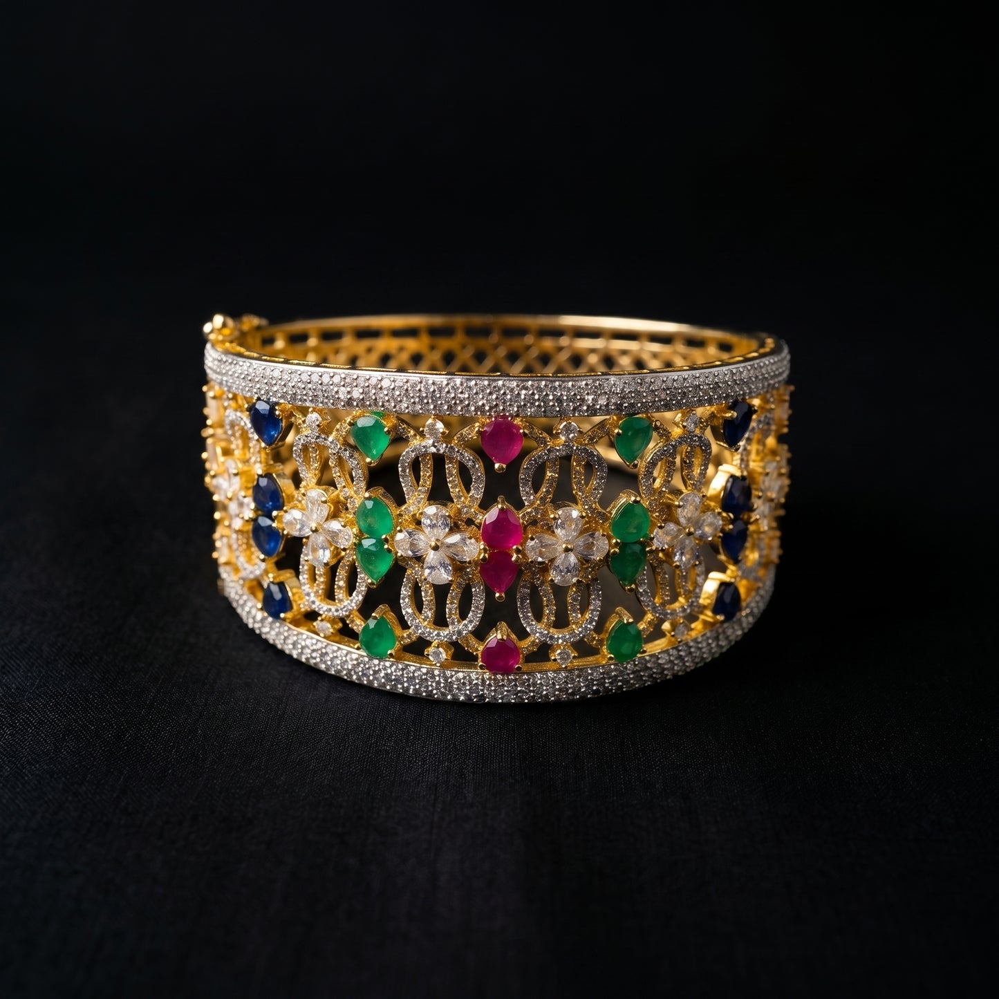 Sapphire Emerald Ruby Diamond Wide Gold Cuff