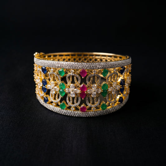 Sapphire Emerald Ruby Diamond Wide Gold Cuff