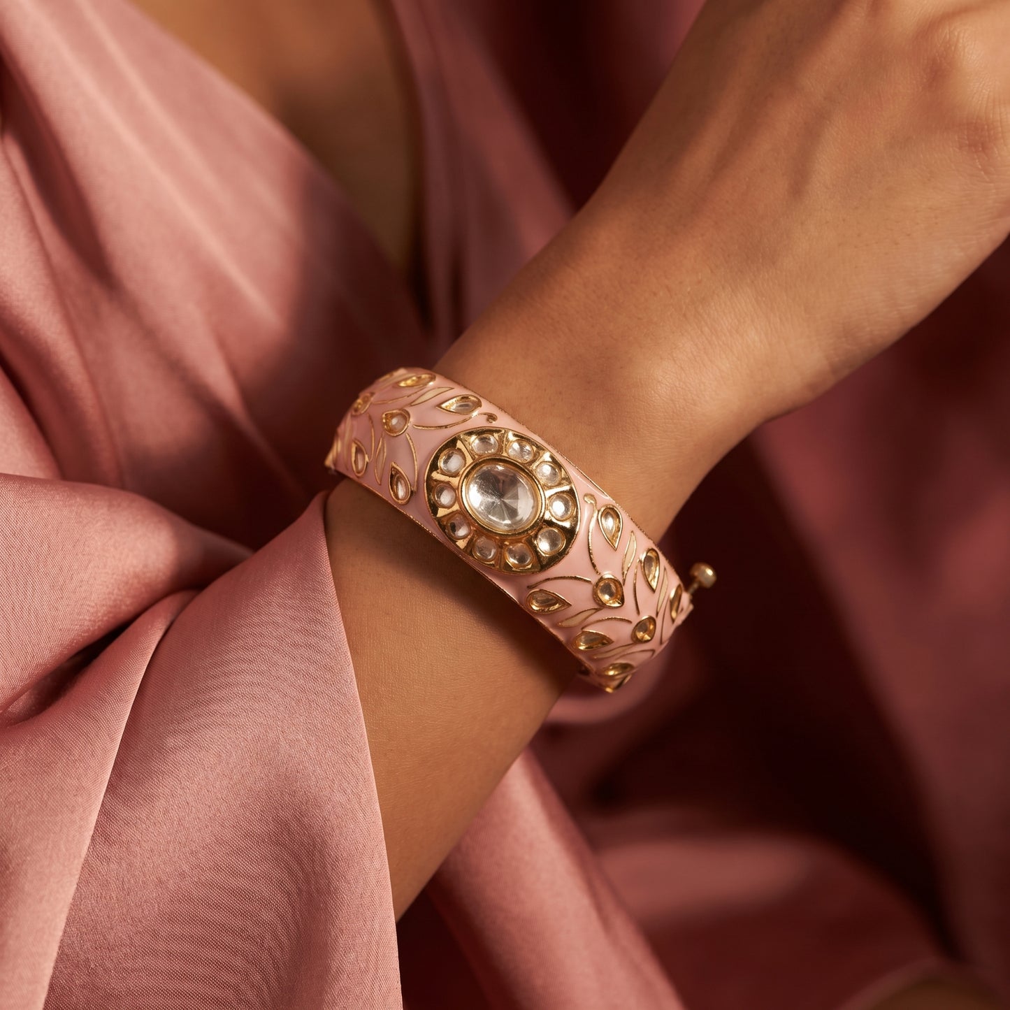 Polki Diamond Pink Enamel Gold Bracelet
