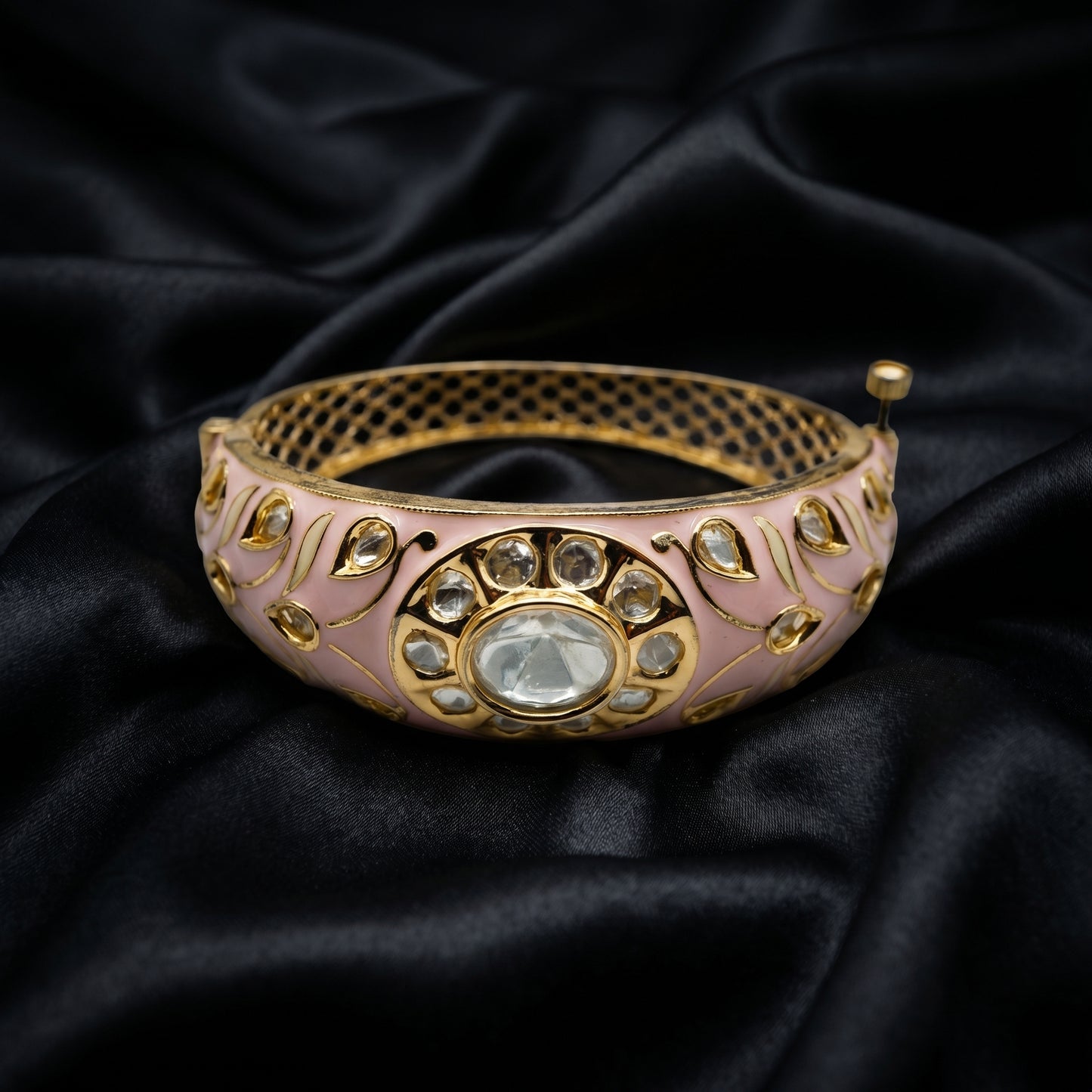 Polki Diamond Pink Enamel Gold Bracelet