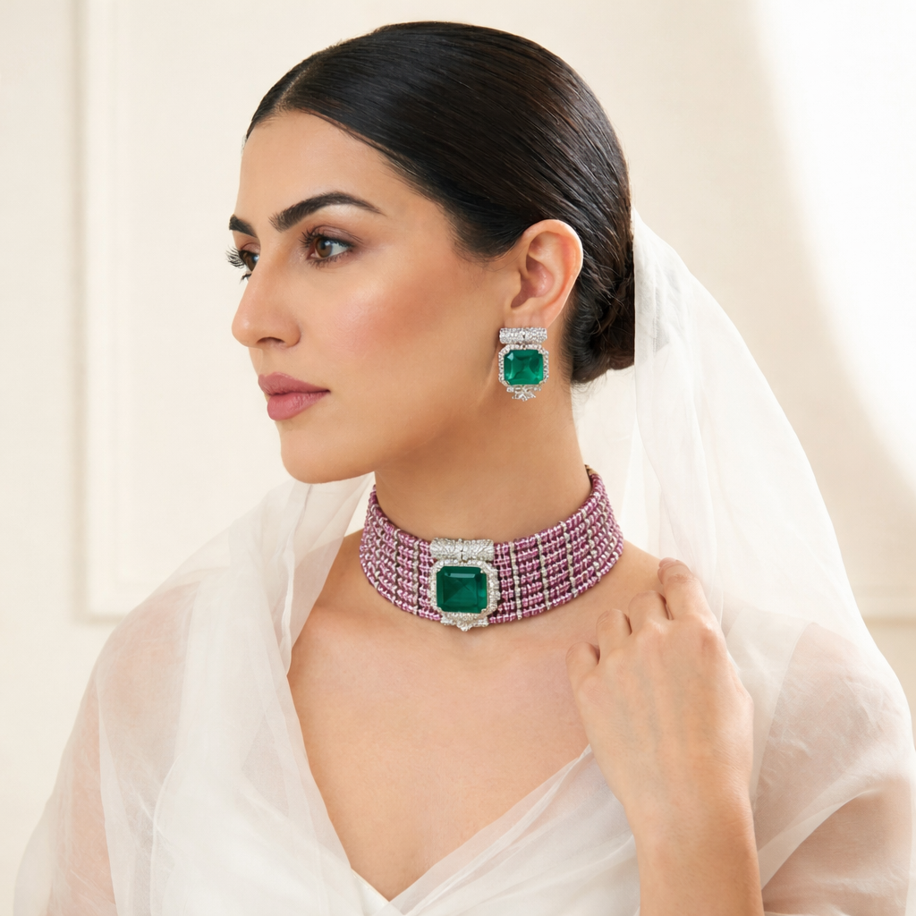 Ruby Baguette Emerald Solitaire Bridal Set