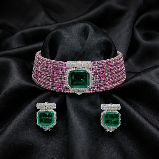 Ruby Baguette Emerald Solitaire Bridal Set