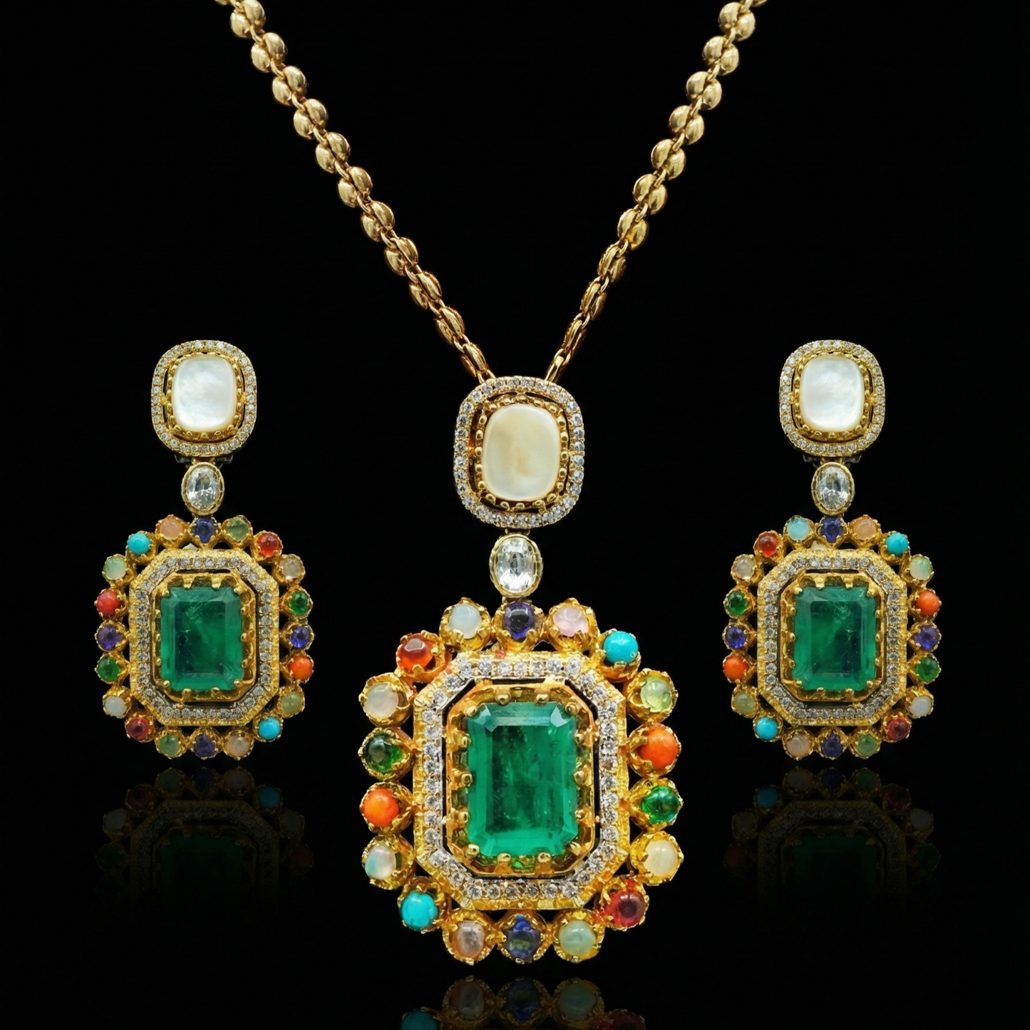 Emerald Nine-Gem Gold Ball Chain Jewellery Set