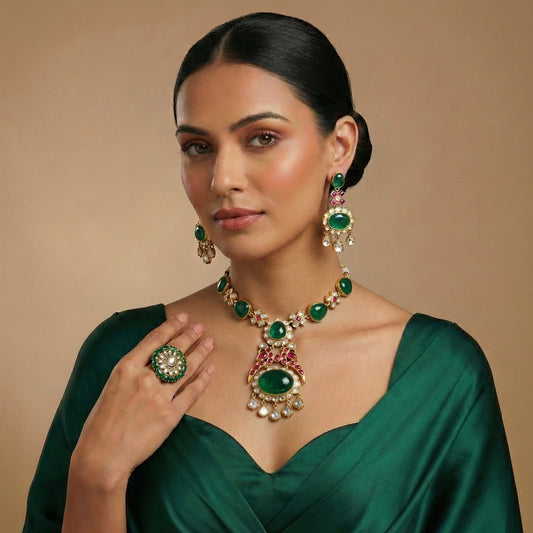 Amrapali Emerald Ruby Polki Floral Jewellery Set