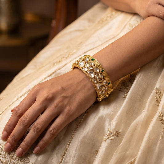 Polki Emerald Engraved Gold Cuff Bracelet