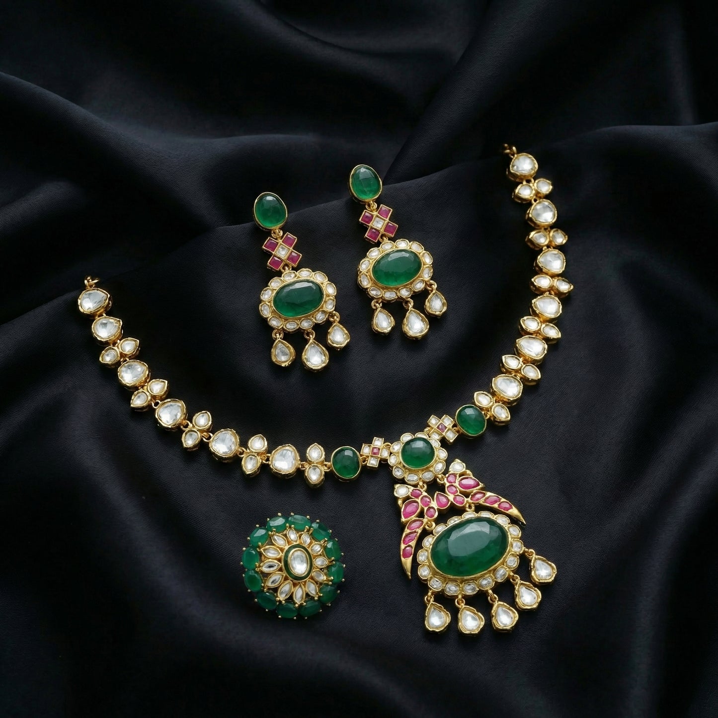 Amrapali Emerald Ruby Polki Floral Jewellery Set