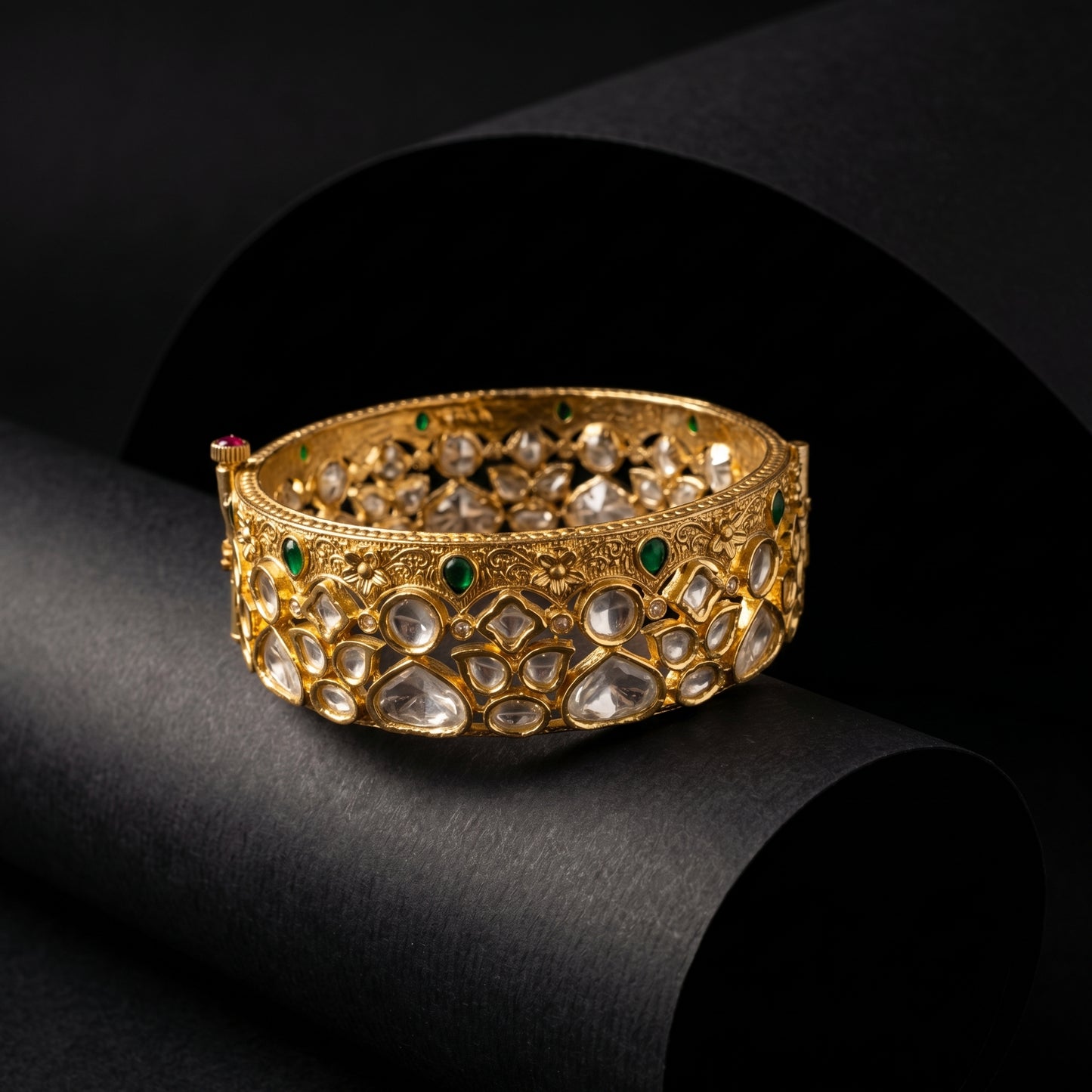 Polki Emerald Engraved Gold Cuff Bracelet