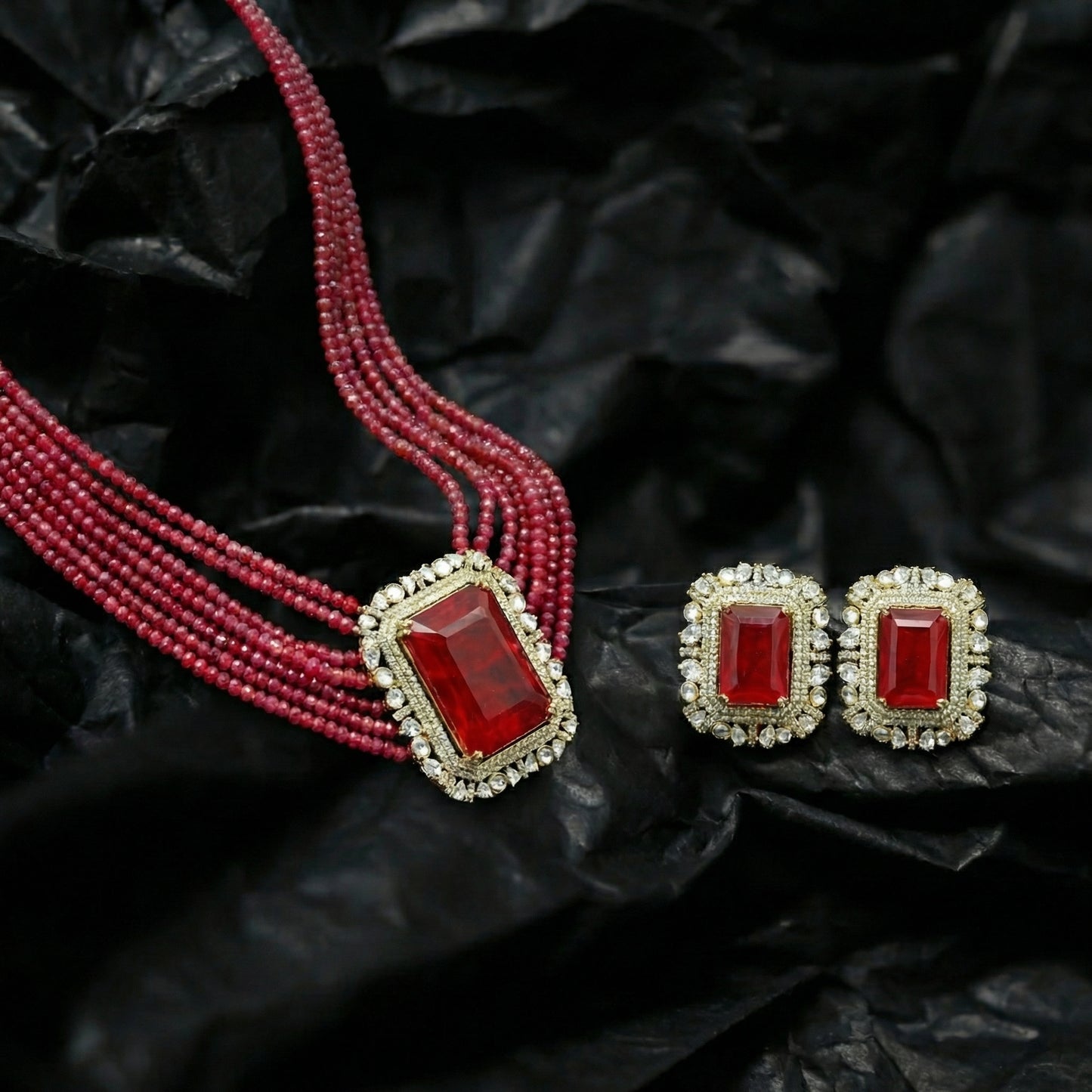 Ruby Bead Emerald-Cut Solitaire Set