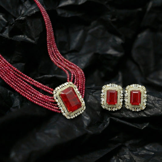 Ruby Bead Emerald-Cut Solitaire Set
