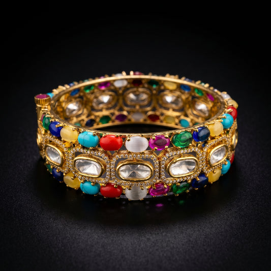 Navratna Polki Diamond Wide Gold Bracelet