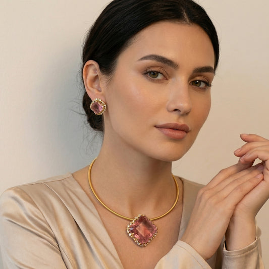Pink Tourmaline Diamond Scatter Gold Torque Set