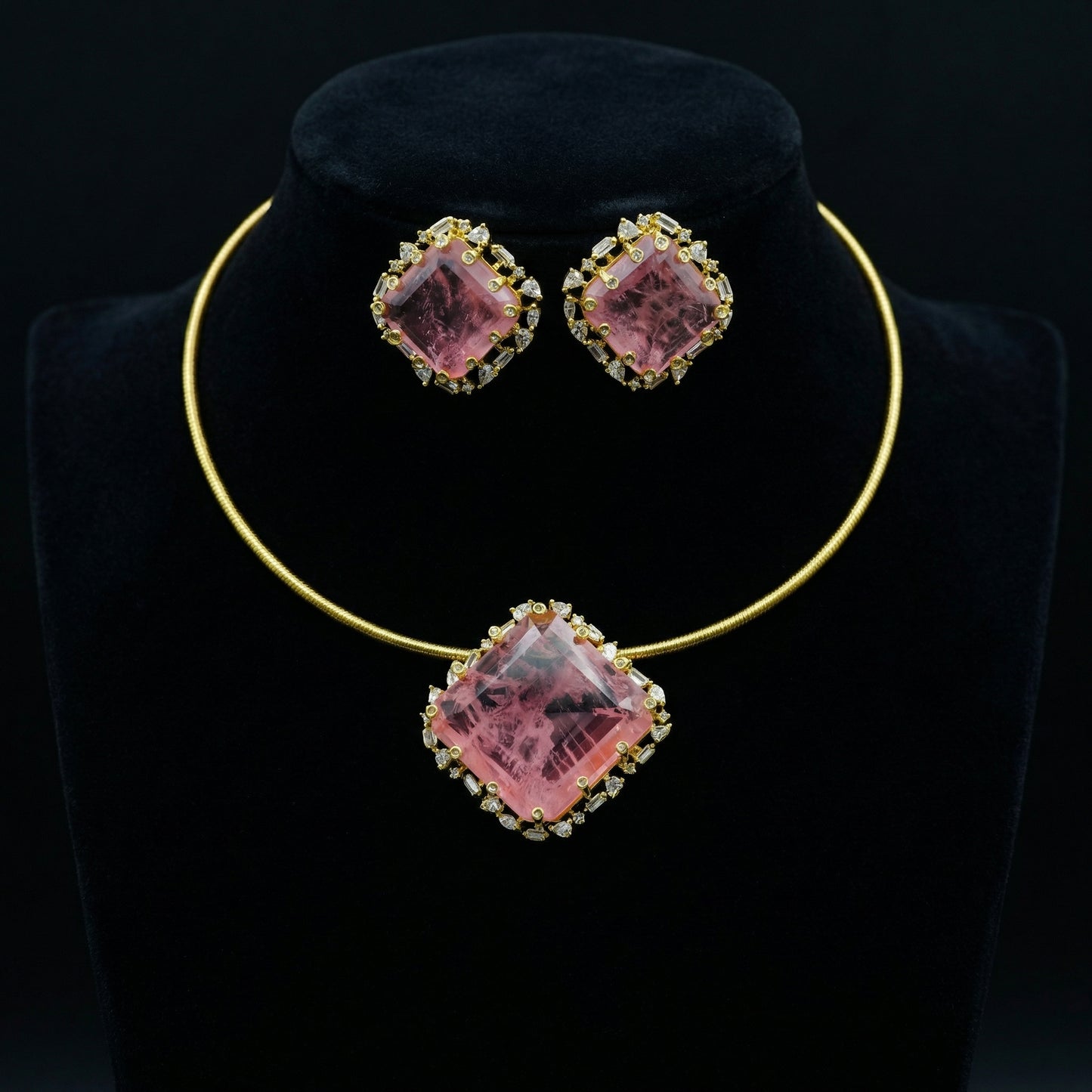 Pink Tourmaline Diamond Scatter Gold Torque Set