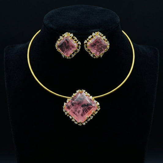 Pink Tourmaline Diamond Scatter Gold Torque Set
