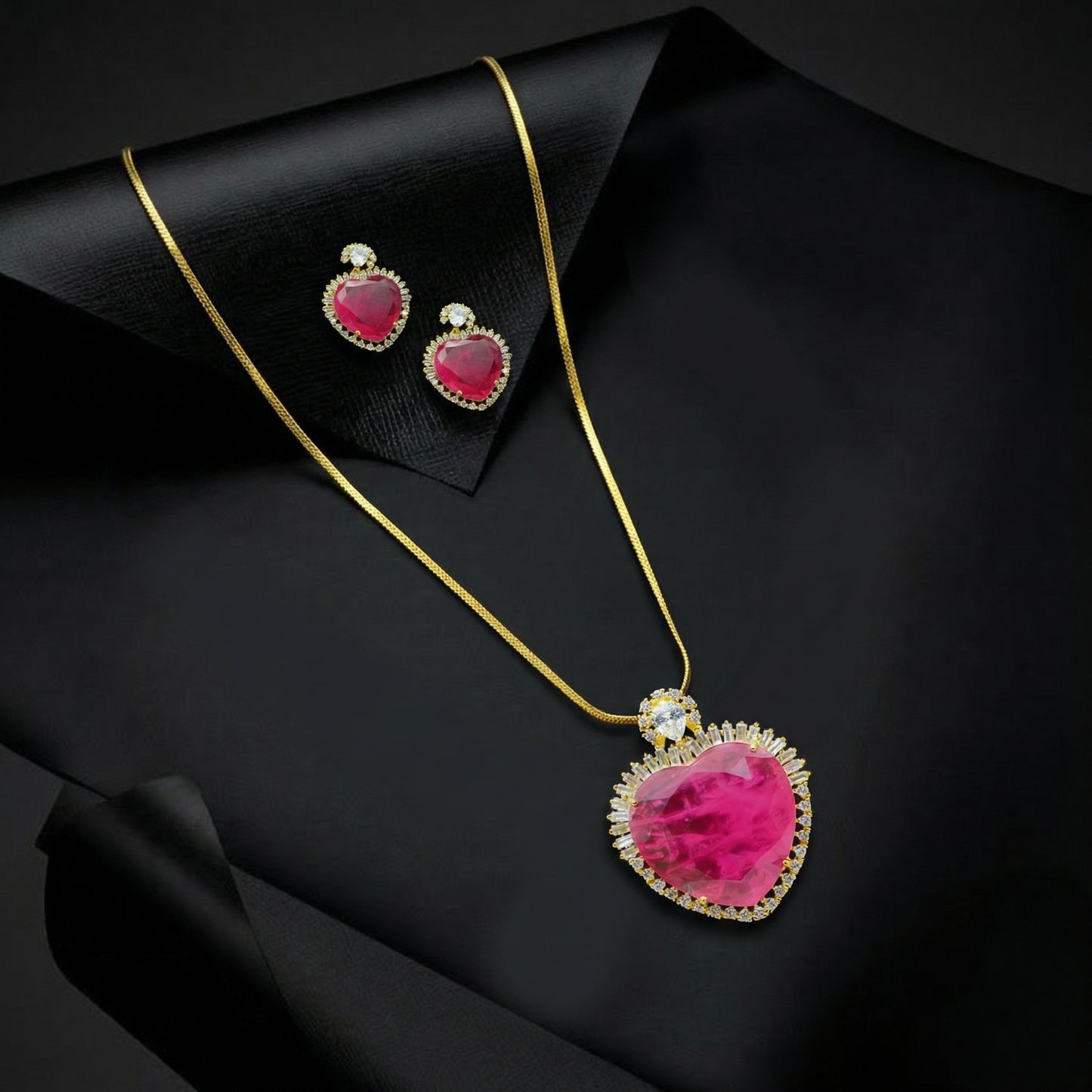 Ruby Heart Baguette Diamond Gold Chain Set