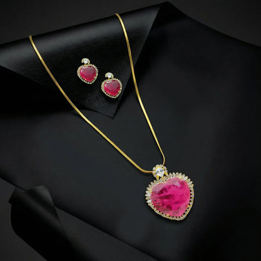 Ruby Heart Baguette Diamond Gold Chain Set