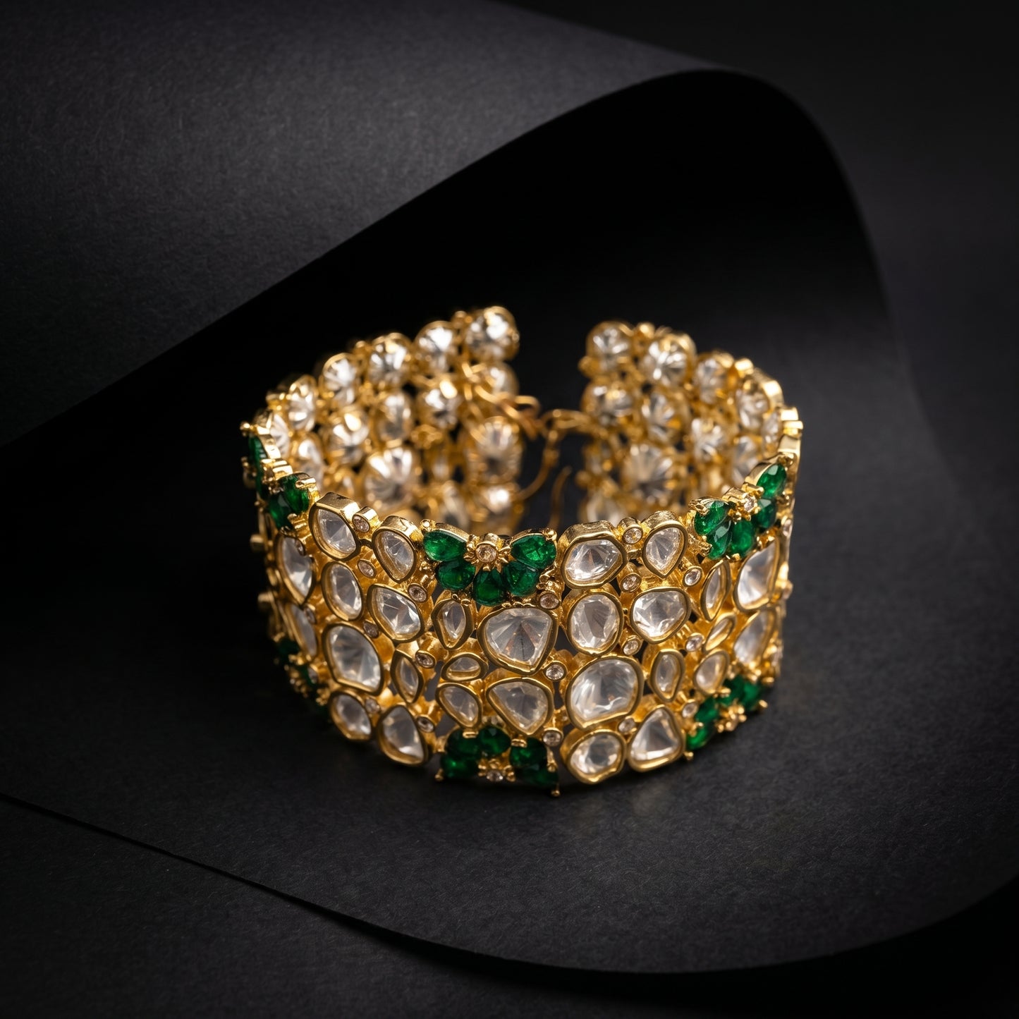 Emerald Polki Wide Gold Cuff Bracelet