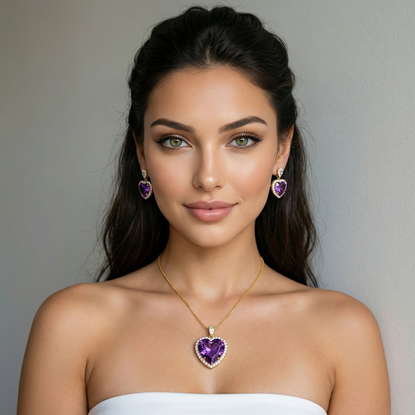 Amethyst Heart Baguette Diamond Gold Chain Set