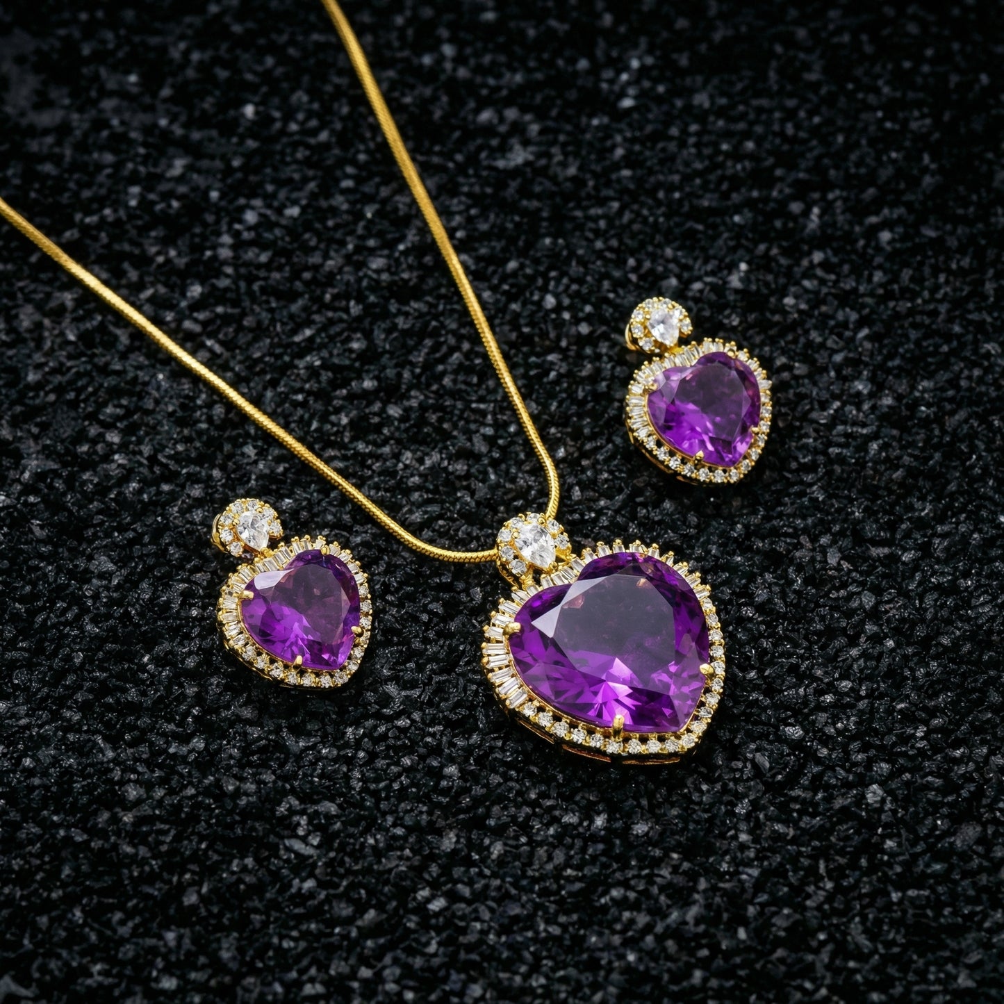 Amethyst Heart Baguette Diamond Gold Chain Set