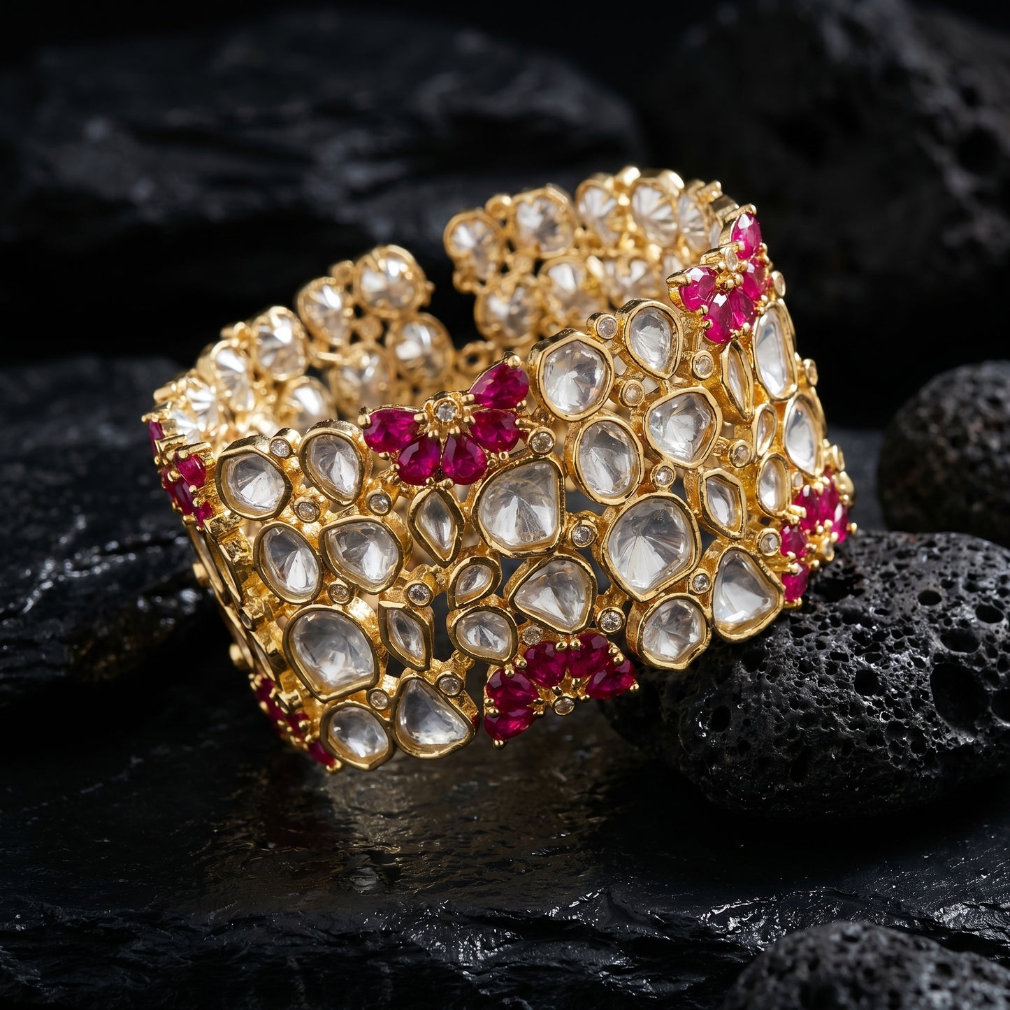 Ruby Polki Wide Gold Cuff Bracelet