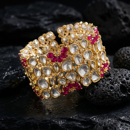 Ruby Polki Wide Gold Cuff Bracelet