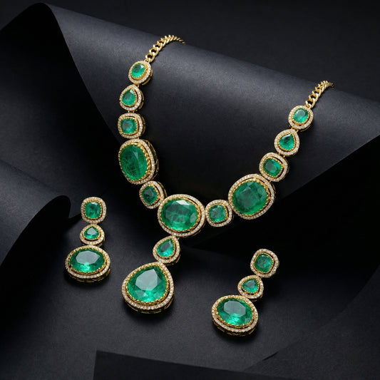 Emerald Cushion Diamond Halo Jewellery Set