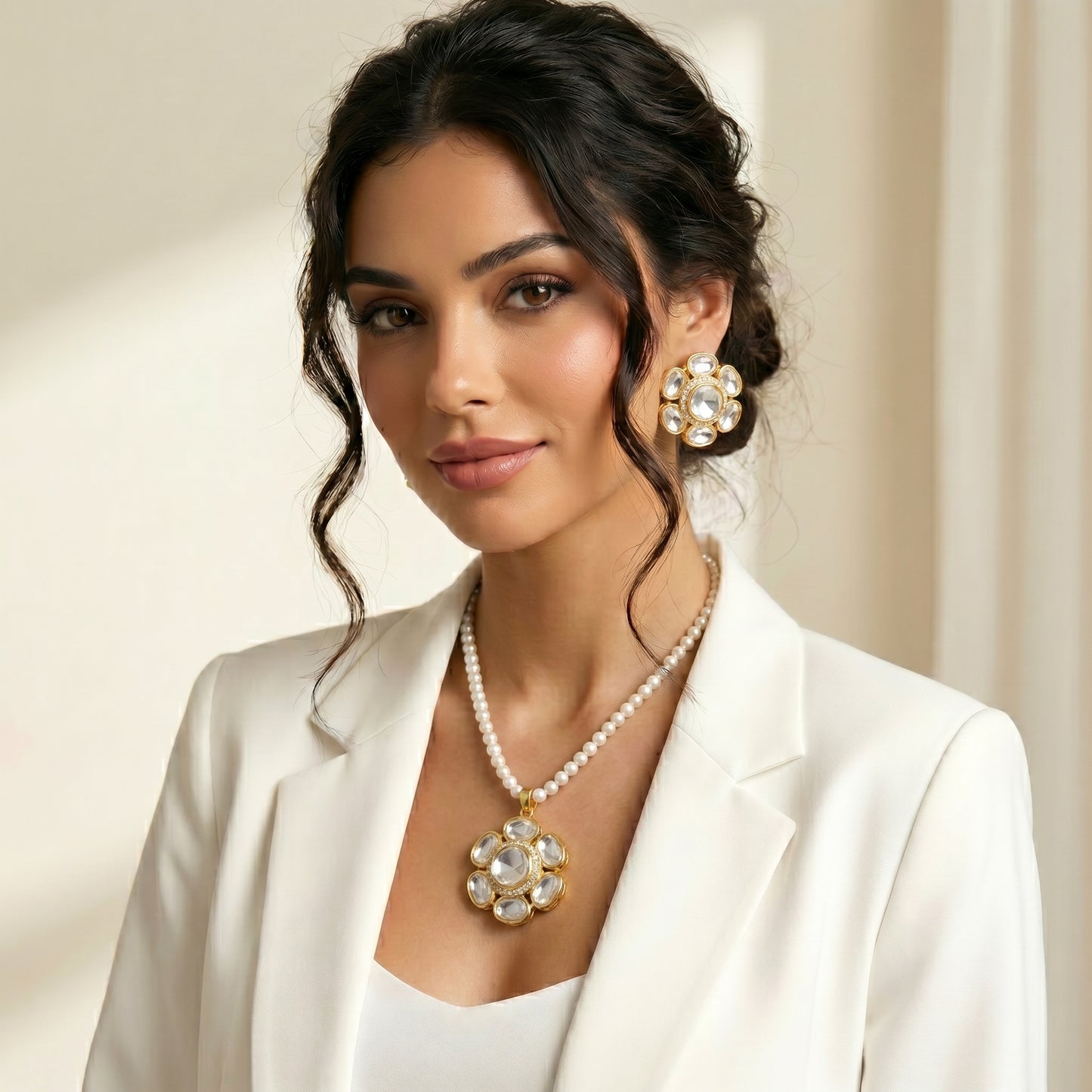 Pearl Polki Floral Gold Seed Pearl Chain Set