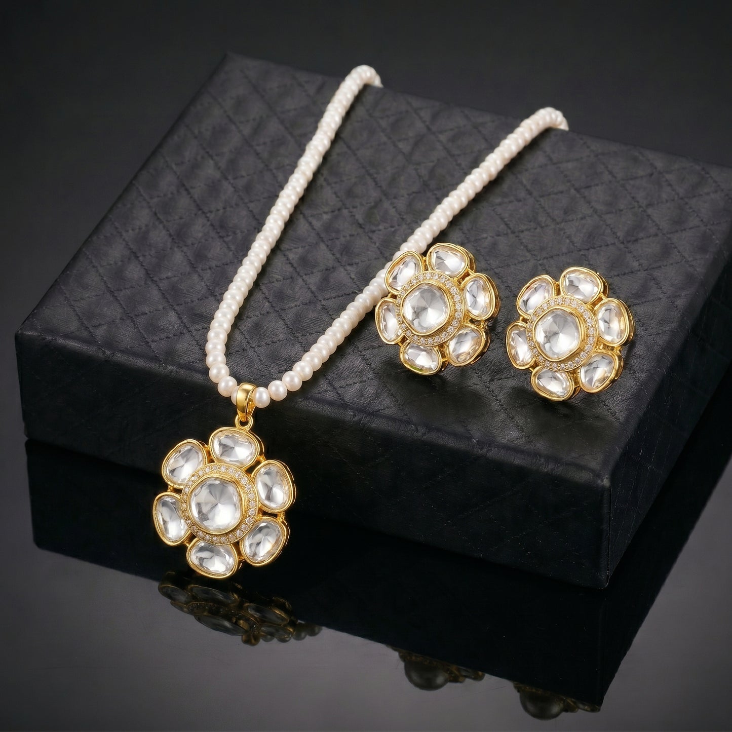 Pearl Polki Floral Gold Seed Pearl Chain Set