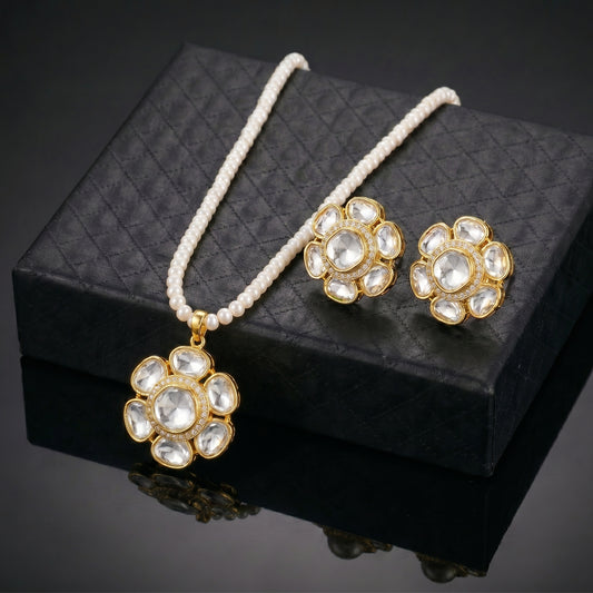 Pearl Polki Floral Gold Seed Pearl Chain Set