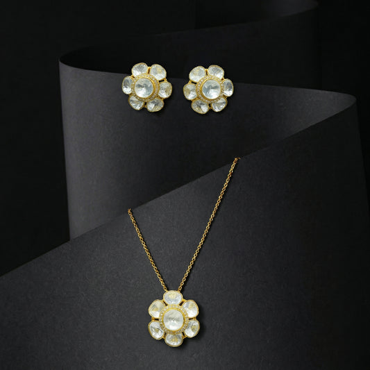 Polki Floral Moonstone Gold Chain Jewellery Set