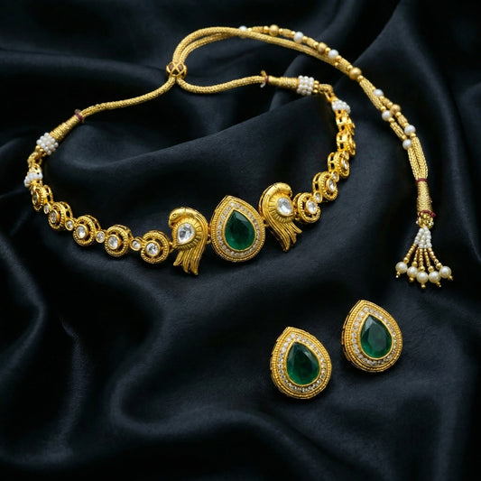 Emerald Peacock Antique Gold String Choker Set