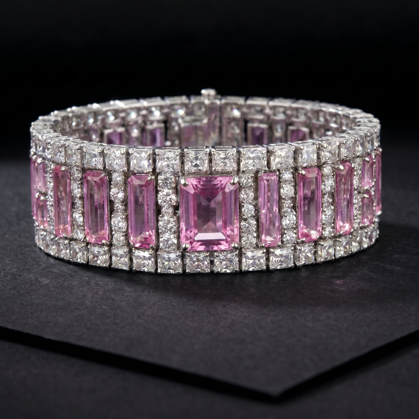 Pink Sapphire Diamond Wide Silver Bracelet
