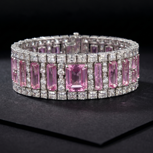 Pink Sapphire Diamond Wide Silver Bracelet