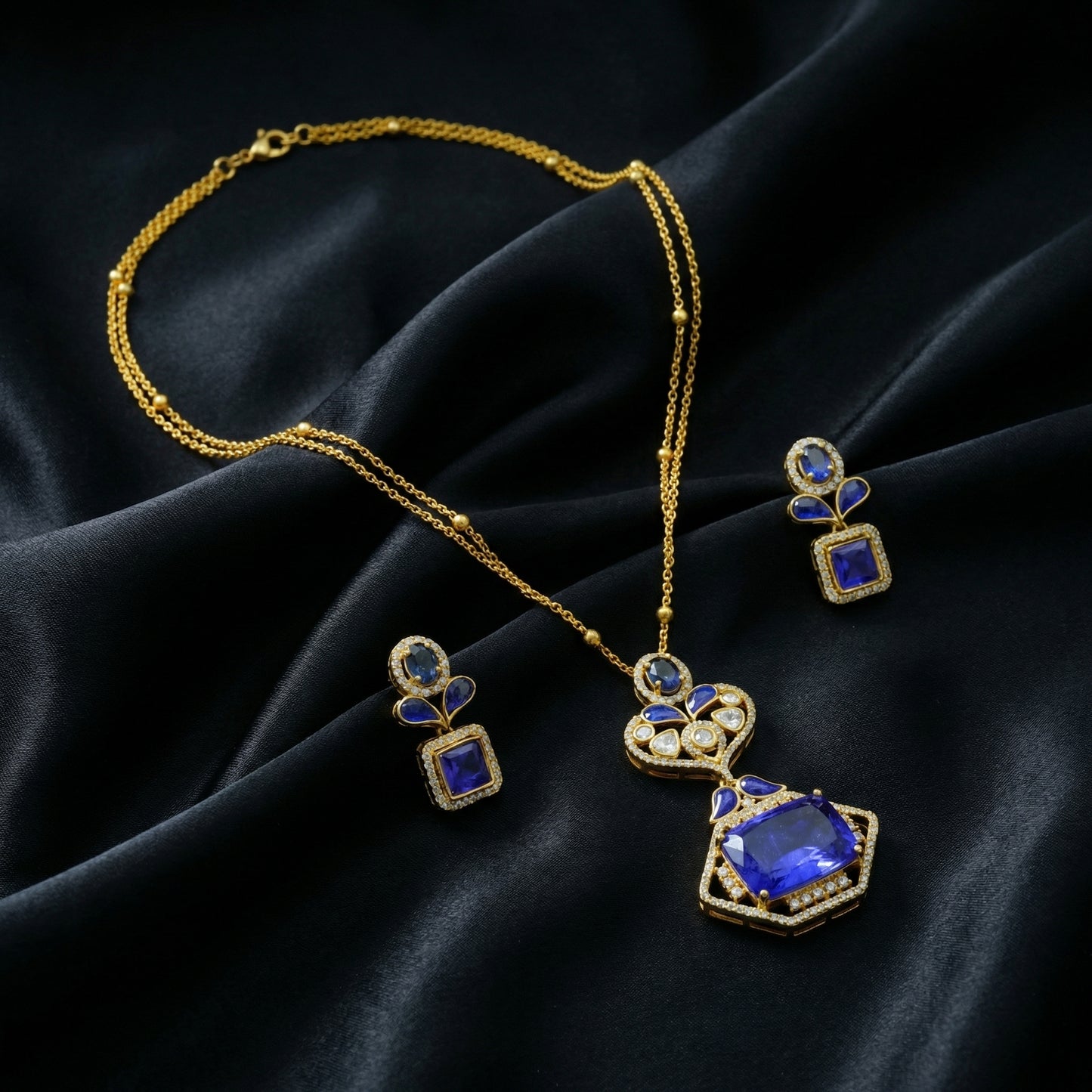 Tanzanite Sapphire Polki Diamond Pendant Set