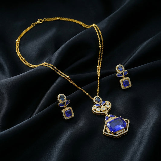 Tanzanite Sapphire Polki Diamond Pendant Set