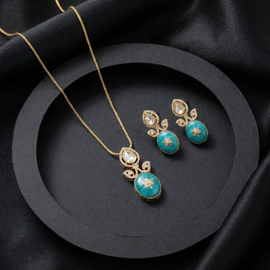 Turquoise Enamel Polki Gold Pendant Set