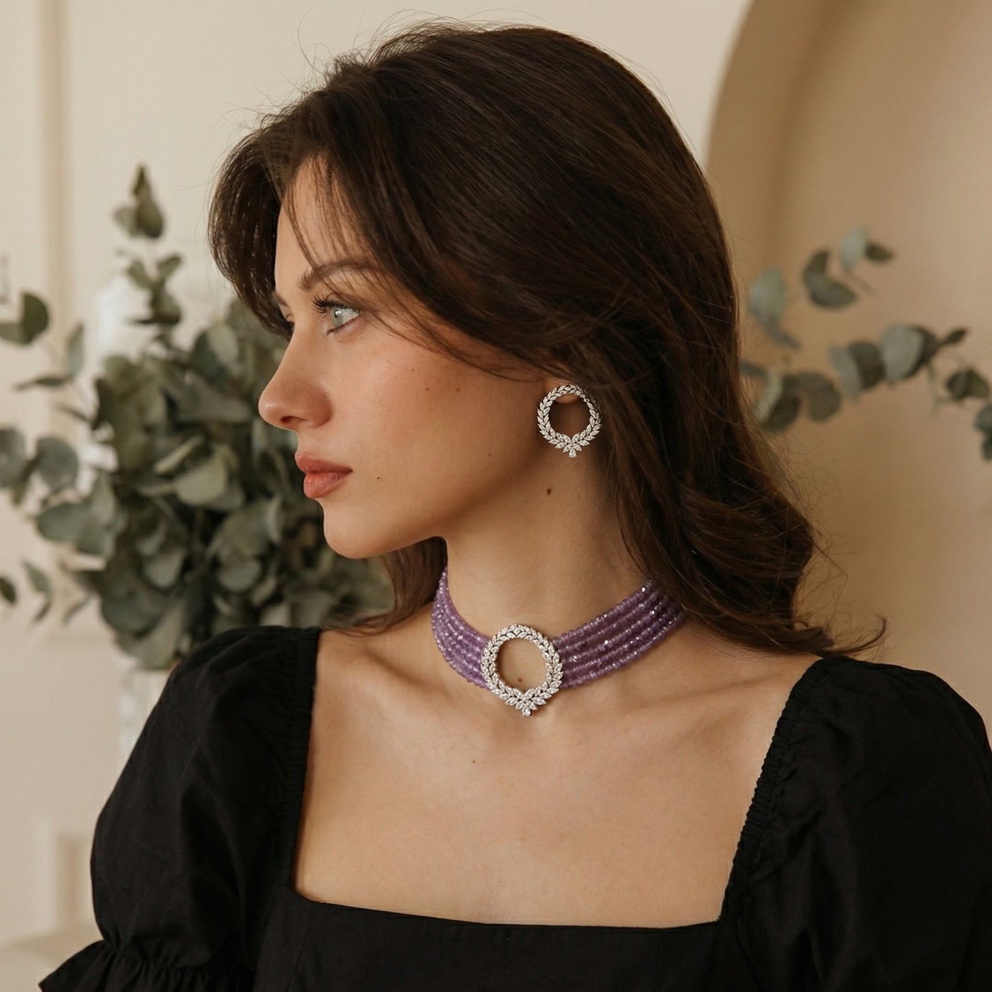 Amethyst Bead Diamond Wreath Choker Set