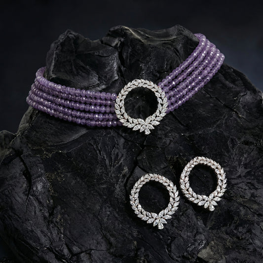 Amethyst Bead Diamond Wreath Choker Set