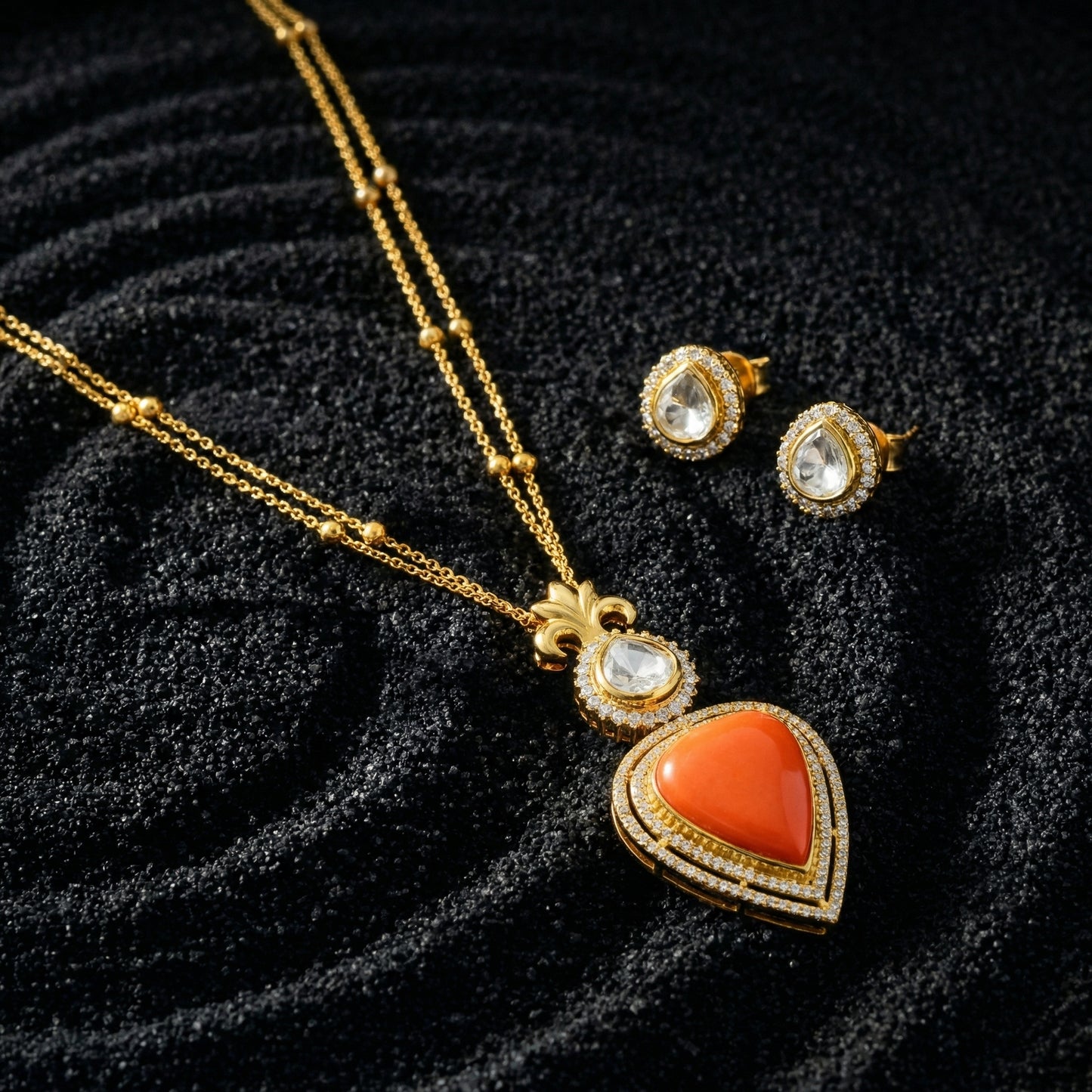Coral Heart Polki Diamond Gold Set