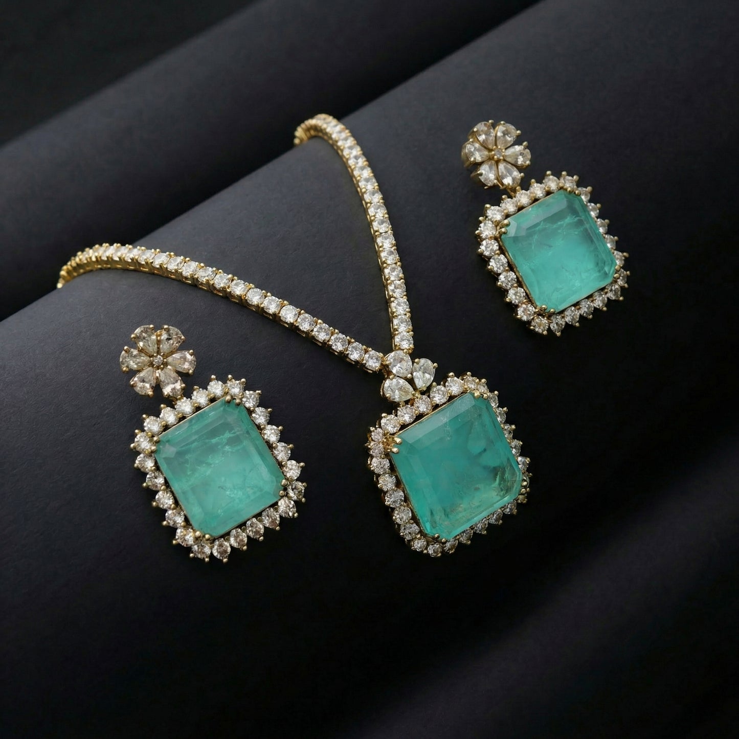 Paraiba Emerald Diamond Tennis Necklace Set