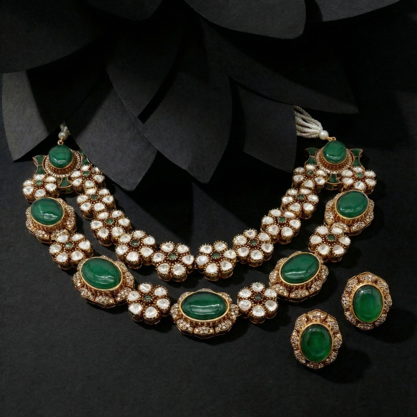 Emerald Polki Double Strand Bridal Set