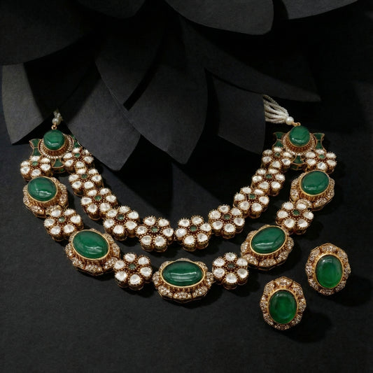 Emerald Polki Double Strand Bridal Set