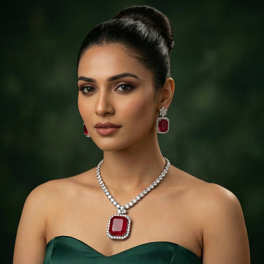 Ruby Square Diamond Tennis Necklace Set