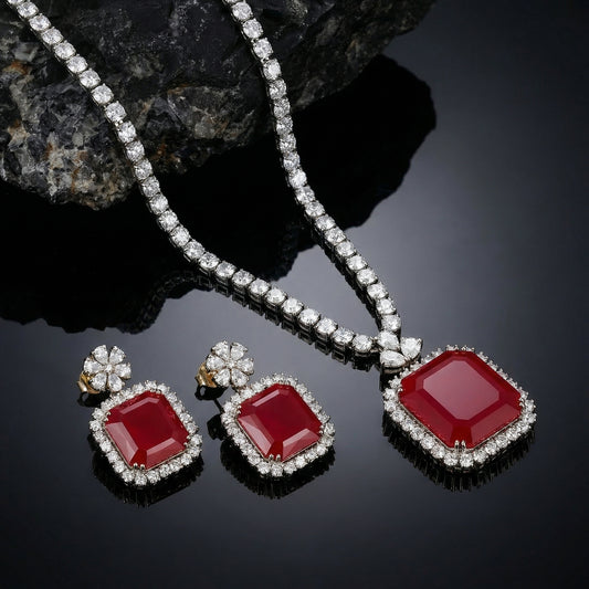Ruby Square Diamond Tennis Necklace Set