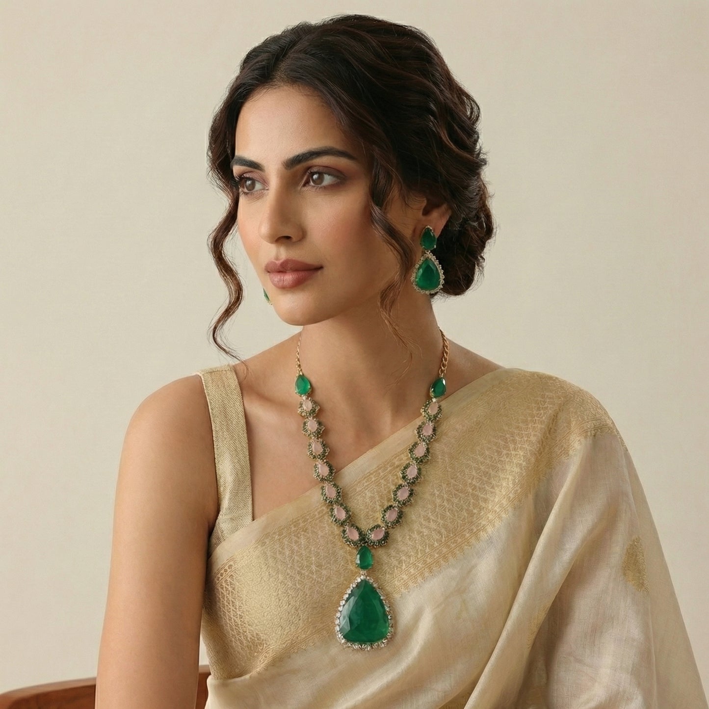 Emerald Rose Quartz Carved Gold Necklace Set