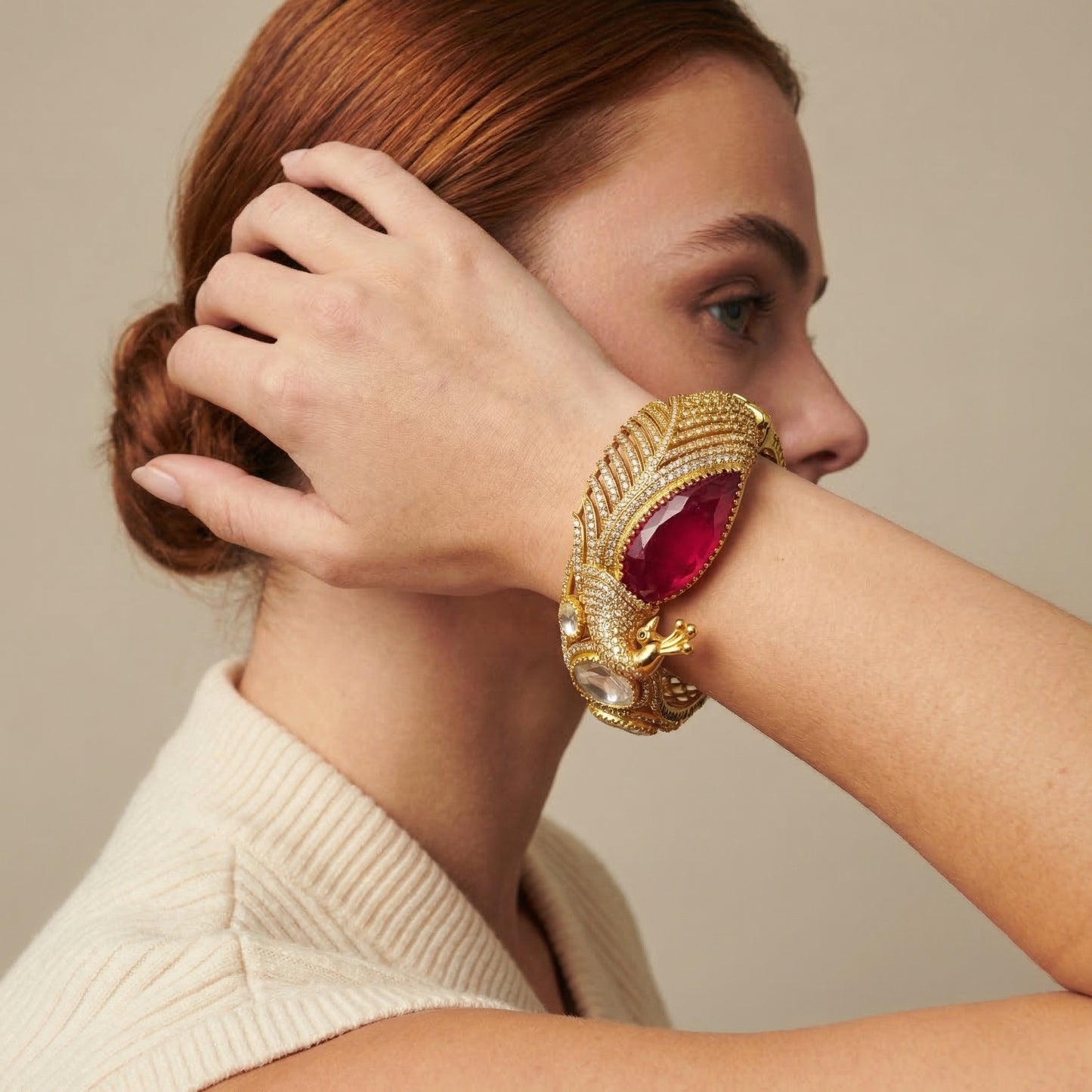 Royal Peacock Ruby Polki Statement Bracelet