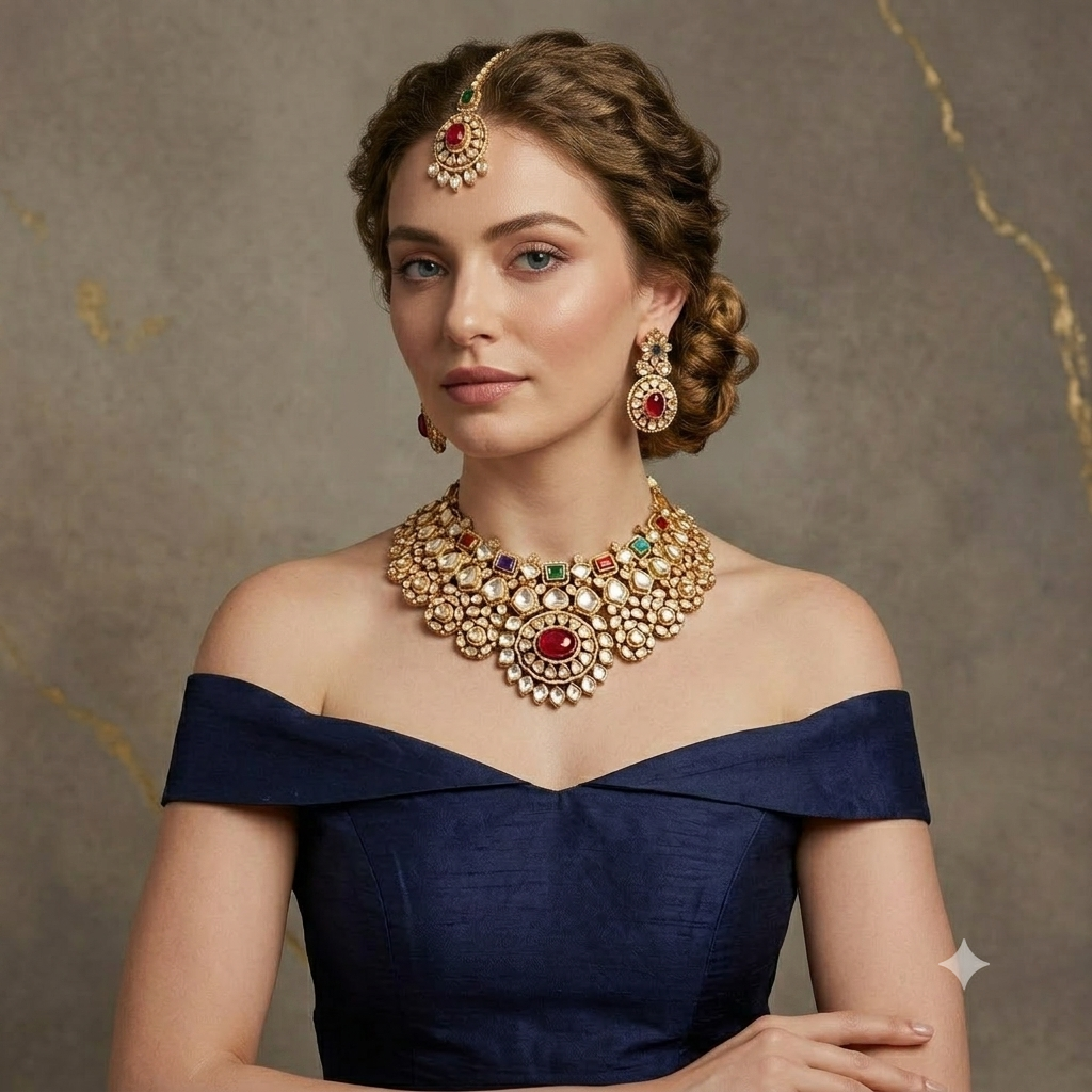 Multicolour Polki Gemstone Gold Necklace Set